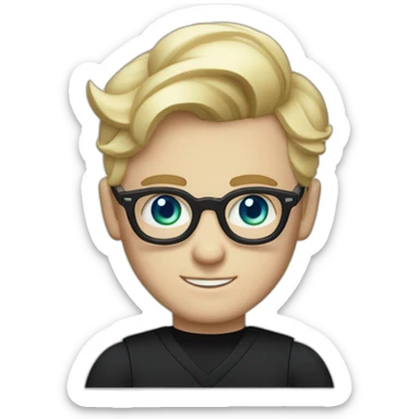 blonde hair white male wearing black shirt with bold blue thick glasses green eyes and blonde hair comb over Gatsby style sticker