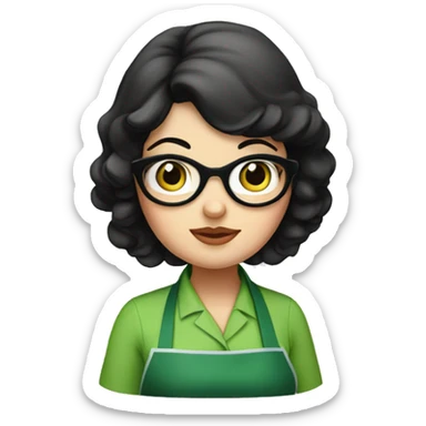 chubby lady with black hair and big eyes green apron  with glasses cooking  sticker