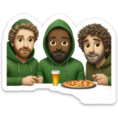 Three dudes,from Caucasian background, one wearing a ribbed green sweater,another one is artsy and wears beanies and hoodies, and the other has curly hair and beard wears a linen shirt. They are eating pizza in lower Manhattan, and drinking Stella Artois sticker