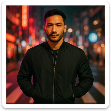 Create a cinematic city scene of a Southeast Asian man in his early 30s with medium tan skin, standing still in a crosswalk with hands in pockets, wearing a dark bomber jacket. The scene has glowing neon lights, spiral blur, confident expression, soft flash, urban nightlife, 35mm film style. Use the reference image for face. sticker