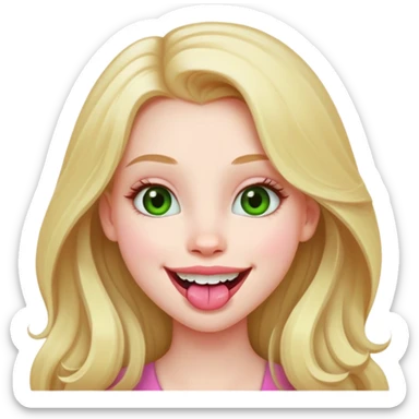 Young girl with pale skin, full pink lips smiling, blonde reddish long hair, big brown eyes with a hint of green, big mouth sticker