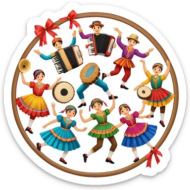 Humanless Icon for Folk Dance: traditional dance shoes, colorful folk costumes, and a dance circle with ribbons and musical instruments like a tambourine or accordion. The icon should represent the vibrant and cultural aspects of folk dancing. Transparent background. sticker