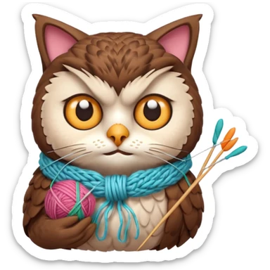 knitting owl portrait, head and shoulders only, cute cat holding knitting needles and yarn, cozy expression, warm handmade vibe, soft feathers, 3D cartoon style, mobile game icon style, clean background, no text, no watermark
 sticker