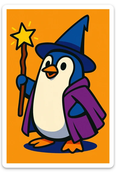 a penguin dressed as a wizard, wearing a pointed hat and holding a magic staff, vibrant cartoon style sticker