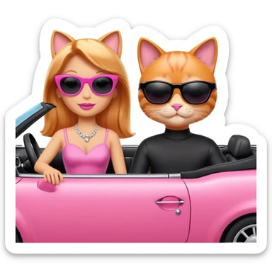 Barbie and Ken as cats driving a pink convertible car with sunglasses sticker