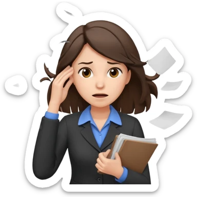 female teacher pulling her hair with stressed face, papers flying everywhere, brunette sticker