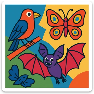 a group of animals with wings including a bird, a butterfly, and a bat in vibrant toon style sticker