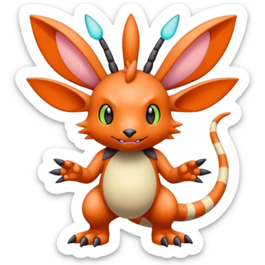 randomly-colored furry edgy kawaii Fakémon-Pokémon-Scalie-Digimon-creature (full body) with antennas and long segmented body sticker