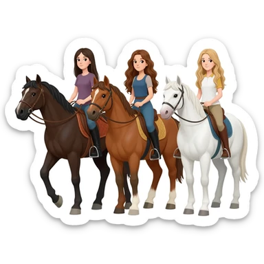 Three horses white bay and sorrel with three riders on the bay horse a girl with dark straight hair on the sorrel horse a girl with wavy brown hair and on the white horse a girl with sandy hair sticker