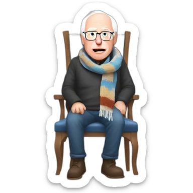 Bernie sanders freezing on chair wearing a scarf sticker