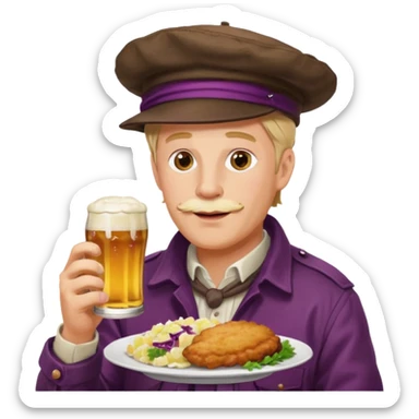 German man eating schnitzel, potato salad, red cabbage, sauerkraut, and beer sticker
