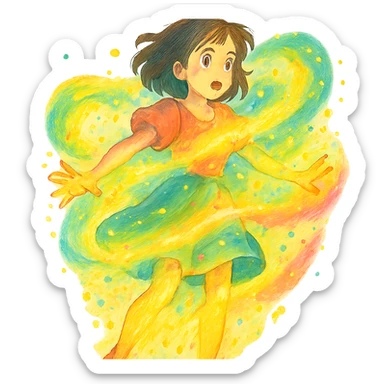 ghibli style girl transforming with magical glow, vibrant colors sticker