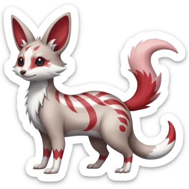 Minccino-Lykoi-Emolga-Pachirisu-Zangoose-fusion-hybrid-animal-Fakémon-creature, full body, thin long sleek scaly tail, intricate markings sticker