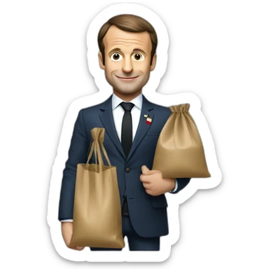 Emmanuel Macron holding a bag a euros  sticker