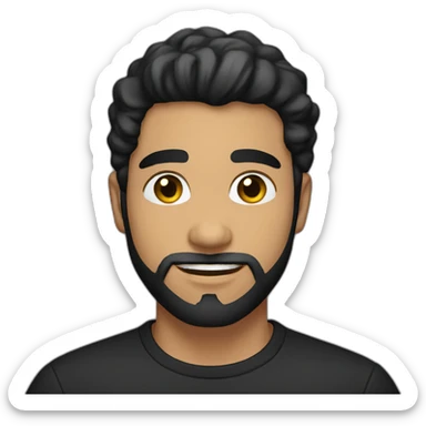 25 year old Hispanic man with a beard and thick eyebrows light skin, black shirt sticker