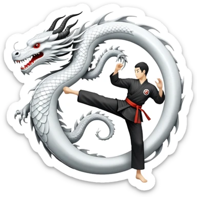 An icon symbolizing Eastern martial arts in the style of an emblem, featuring a black-and-white Yin-Yang symbol and a dragon at the center. A martial artist is performing a fluid kick, surrounded by elements like a dojo and bamboo. Transparent background highlights balance and power. sticker