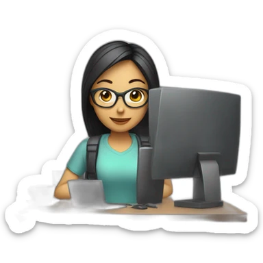 developer girl with monitor and laptop sticker