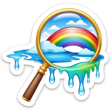 a magnifying glass with a rainbow river flowing through it and passing by sticker