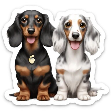 Two identical tri merle long hair dachshunds together  sticker