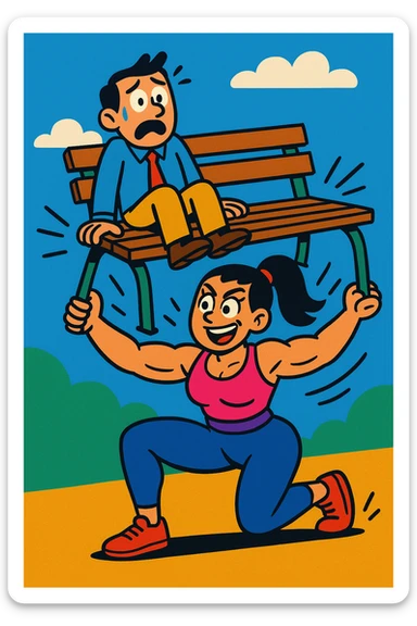 A woman lifting a bench with a frightened man sitting on it, cartoon style, colorful and dynamic sticker