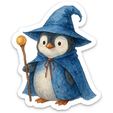 watercolor style penguin wizard sticker