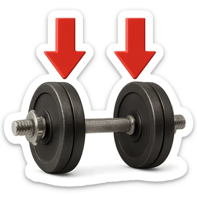 realistic dumbbell with thick red arrows pointing down, 3D effect, isolated on white background sticker