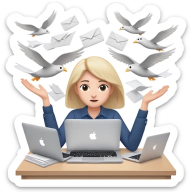 tired woman sitting at a desk with a MacBook, holding her arms out to the side, surrounded by lots of flying papers sticker