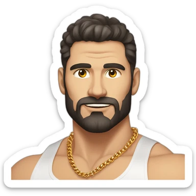 Russian muscular man aged 30 wearing gold chain with black buzz hair and short beard sticker