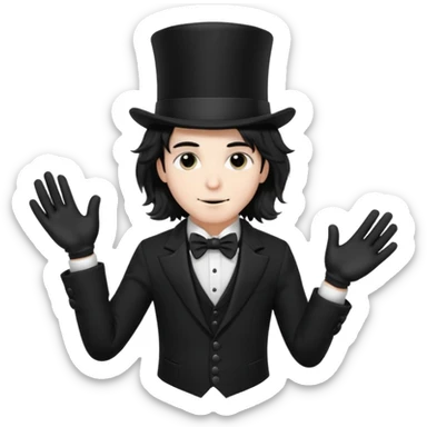 Male Goth with Top short Hat
 Wavy shoulder-length hair, white skin, black suit and gloves, pale skin tone,  sticker