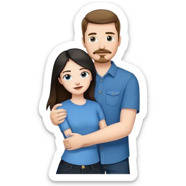 tall white guy with brown hair goatee mustache wearing blue shirt and black jeans hugging a shorter white girl with long black hair with blue jeans and white shirt sticker