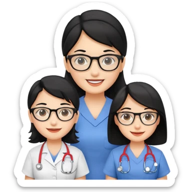 Genera emogis de 4 cuatro enfermeras de cabello negro largo, una de ellas con lentes sticker