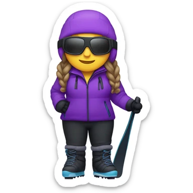 chubby female skier with long hair, glasses, violet snow jacket, black pants, black snow boots and black skis. No poles. sticker