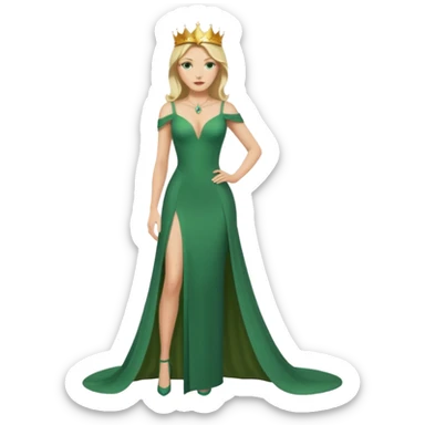 Queen, crown, blonde hair, green eyes, long green tight dress, decoltee,  Leg slit, whole Body, sticker
