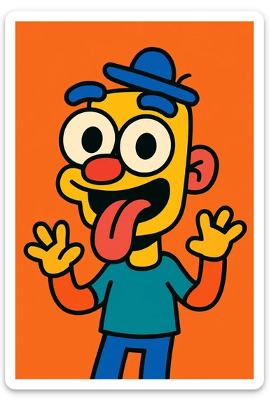 goofy wacky character with big eyes and tongue out, cartoon style, bright colors sticker