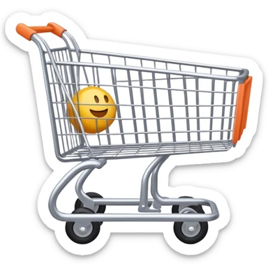 Create an emoji with a shopping cart. The design should be sleek and minimalistic, featuring a classic shopping cart with a simple frame and wheels. The cart should have a friendly, clean look with smooth lines, and it should appear dynamic and modern, with subtle details like the basket grid and handle sticker