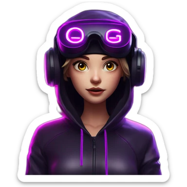 Create a 3D model of a Russian girl wearing a black hoodie with "OMG" letters on it and VR headset in a cyberpunk VR environment with violet neon lighting. sticker
