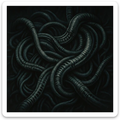 tangled cables with biomechanical textures, inspired by Giger, dark and surreal sticker