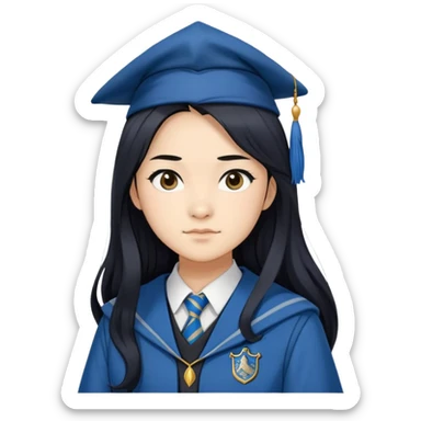 Cho Chang in harry potter, wear hogwarts Ravenclaw uniform, long black hair, not wearing hat sticker