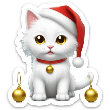 cute fluffy white kitten with a gold bell and a cute red santa hat sticker