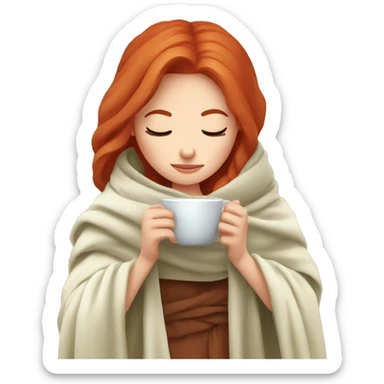 red hair girl wrapped in blanket drinking tea with eyes closed sticker