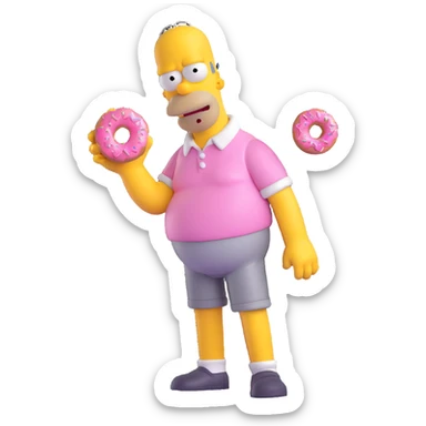 Homer Simpson 3D character, vibrant colors, holding a pink donut, classic pose sticker