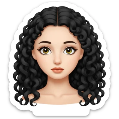 persona mujer con piel clara y rizos suaves color negro y largos  y sin volumen y con delineador en los ojos sticker