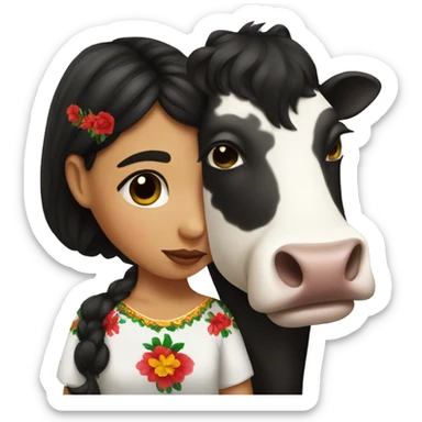 Mexican girl with dark hair kissing a cow sticker