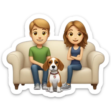 Brown hair White boy and girl with beagle Sit on couch sticker