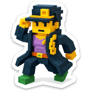 Jotaro Kujo from JoJo's Bizarre Adventure Season 3, as a LEGO minifigure, signature hat and coat, blocky LEGO style, dynamic stance sticker
