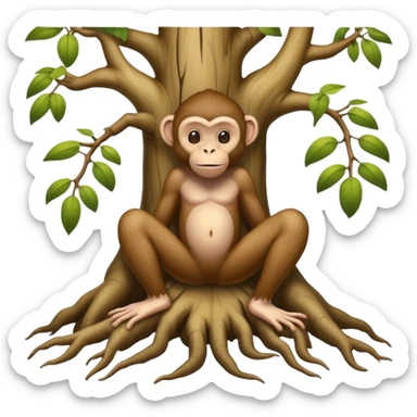 A creature with realistic human feet at the bottom, tree roots forming the legs, and a cartoon monkey face on top sticker