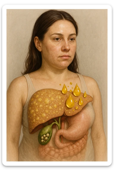 donna con fegato grasso immagine realistica e usa oli vegetali formando anche calcoli biliari sticker