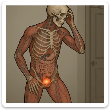 CORPO UMANO ANATOMICO CHE SI SVEGLIA LA NOTTE PER SVUOTARE LA VESCICA, VESCICA ANATOMICA IN EVIDENZA, SFONDO CHIARO NEUTRO sticker