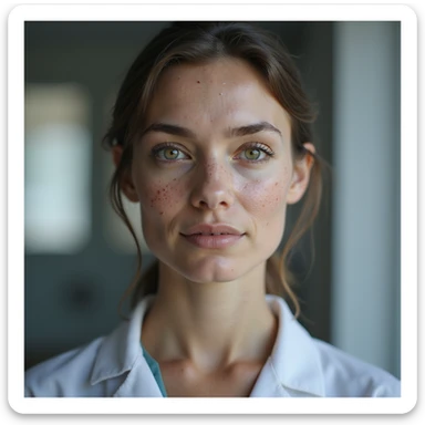 realistic woman with PCOS, face with acne, chin hair, thinning hair, hyperrealistic 4K details, medical environment sticker
