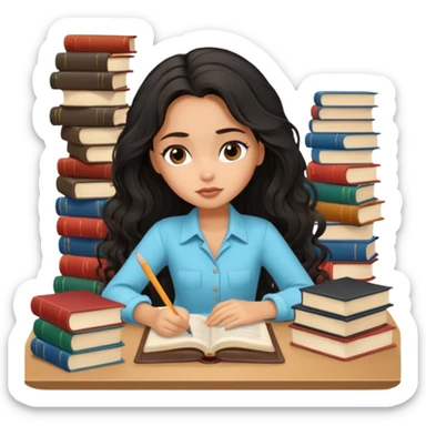 a pretty tan bratz girl with black wavy long hair studying. Pile of books on the table. No glasses. Looks tgired sticker